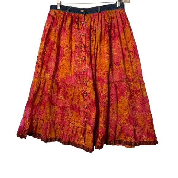 Vintage India Cotton Tiered Broomstick Boho Gypsy Batik Maxi Circle Skirt - Picture 1 of 9